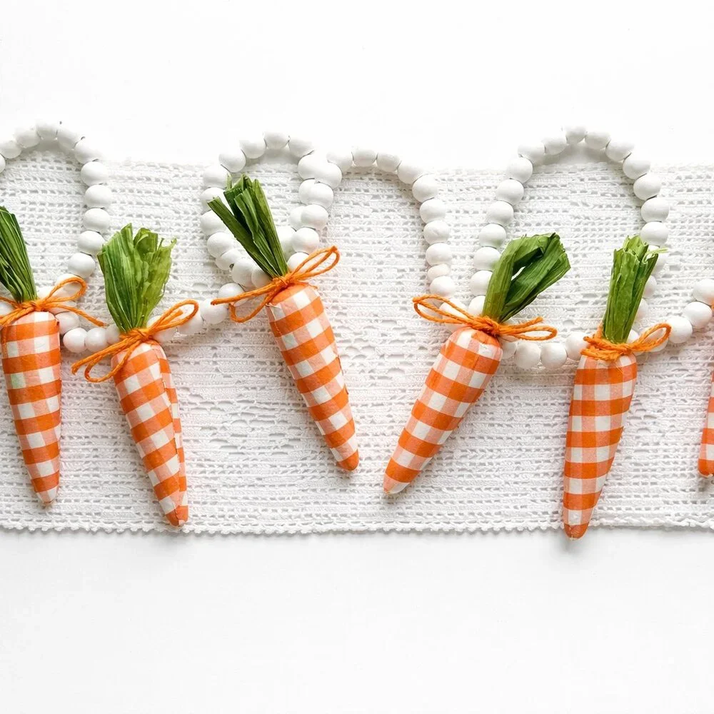 Felt Carrot Garland | Gingham Fabric, White Bead Hearts, Farmhouse Easter Decor